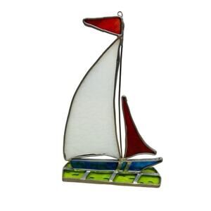 Stained Glass Sailboat Suncatcher Boat Ocean Beach Decor Leaded Artisan Vintage